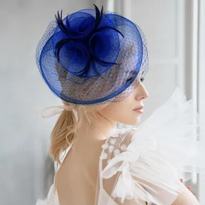 Fashnzfab Feather Mesh Flower Fascinator / Headband In Blue