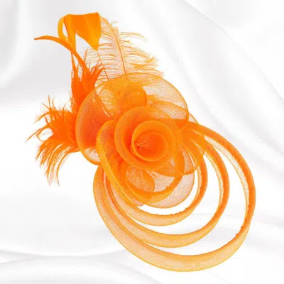 Fashnzfab Feather Mesh Flower Fascinator / Headband In Orange