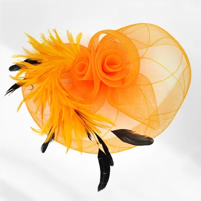 Fashnzfab Feather Mesh Flower Fascinator / Headband In Orange