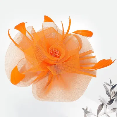 Fashnzfab Feather Mesh Flower Fascinator / Headband In Orange