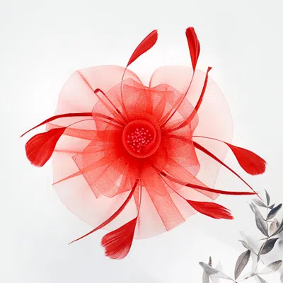 Fashnzfab Feather Mesh Flower Fascinator / Headband In Red