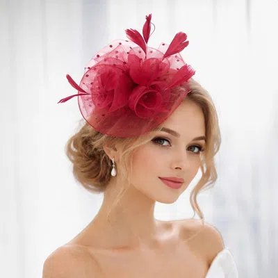 Fashnzfab Feather Mesh Flower Fascinator Headband In Red