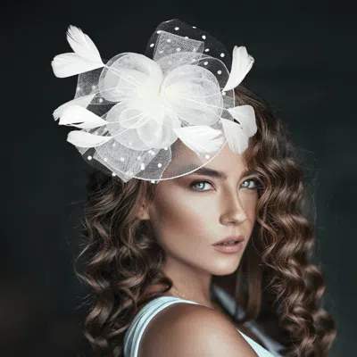 Fashnzfab Feather Mesh Flower Fascinator / Headband In White