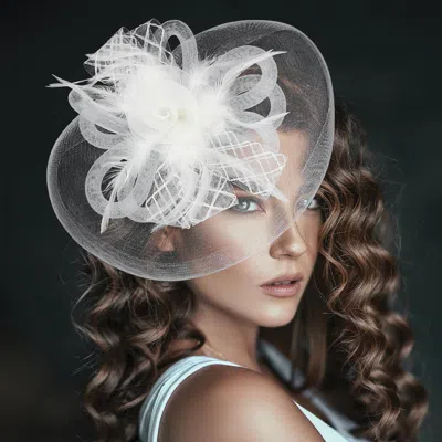 Fashnzfab Feather Mesh Flower Fascinator / Headband In White