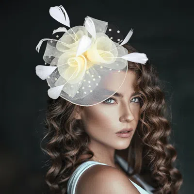 Fashnzfab Feather Mesh Flower Fascinator / Headband In White