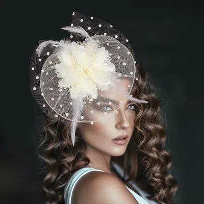 Fashnzfab Feather Mesh Flower Fascinator / Headband In White
