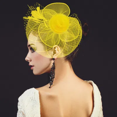 Fashnzfab Feather Mesh Flower Fascinator / Headband In Yellow