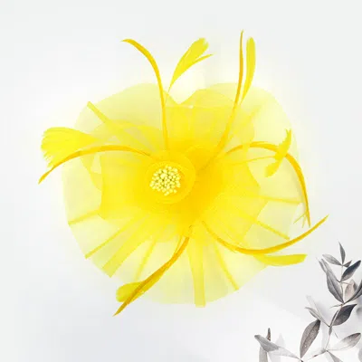 Fashnzfab Feather Mesh Flower Fascinator / Headband In Yellow