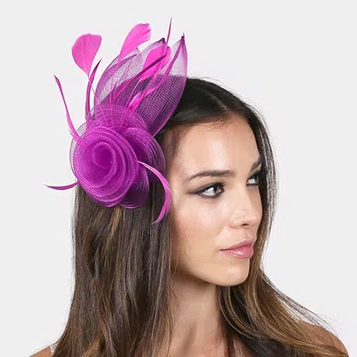 Fashnzfab Feather Mesh Flower Hair Pinch Clip Brooch In Purple