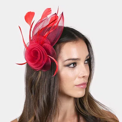 Fashnzfab Feather Mesh Flower Hair Pinch Clip Brooch In Red