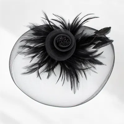 Fashnzfab Feather Pearl Cluster Mesh Flower Fascinator / Headband In Black