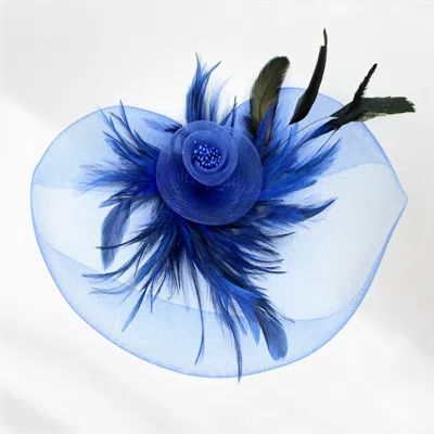 Fashnzfab Feather Pearl Cluster Mesh Flower Fascinator / Headband In Blue