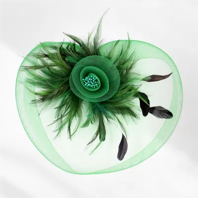 Fashnzfab Feather Pearl Cluster Mesh Flower Fascinator / Headband In Green