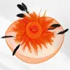 Fashnzfab Feather Pearl Cluster Mesh Flower Fascinator / Headband In Orange