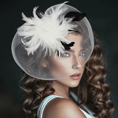 Fashnzfab Feather Pearl Cluster Mesh Flower Fascinator / Headband In White