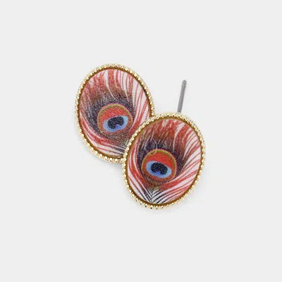 Fashnzfab Feather Printed Oval Mother Of Pearl Stud Earrings In Brown