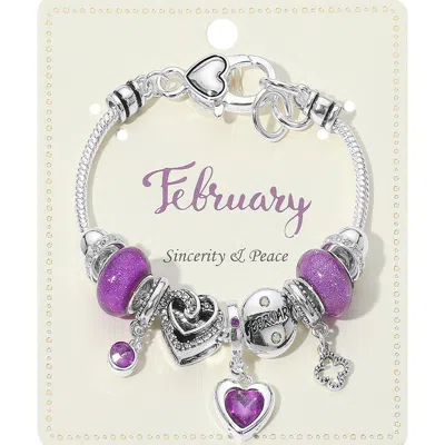 Fashnzfab February - Birthstone Heart Charm Multi Beaded Bracelet Purple