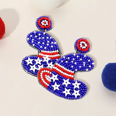 Fashnzfab Felt Back American Usa Flag Cowboy Hat Beaded Dangle Earrings In Multi