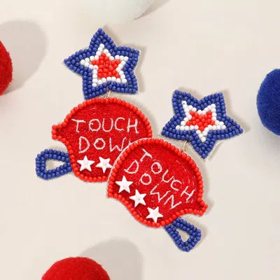 Fashnzfab Felt Back American Usa Flag Seed Beaded Star Touch Down Message Helmet Dangle Earrings In Blue