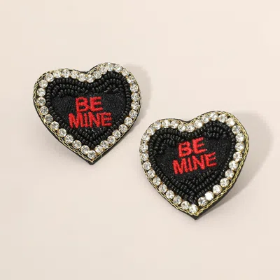 Fashnzfab Felt Back Be Mine Message Embroidered Seed Bead Stone Embellished Earrings In Black