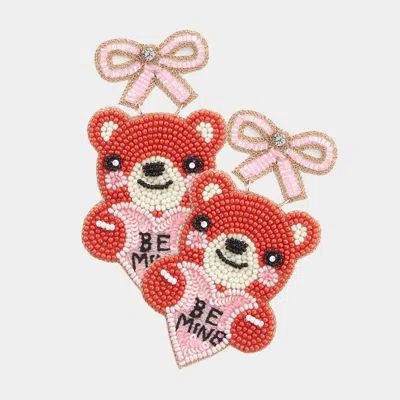 Fashnzfab Felt Back Be Mine Message Teddy Bear Ribbon Beaded Earrings - Pink In Red