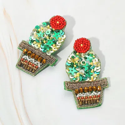 Fashnzfab Felt Back Beaded Cactus Dangle Earrings In Green