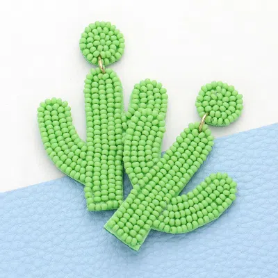 Fashnzfab Felt Back Beaded Cactus Drop Dangle Earrings - Green