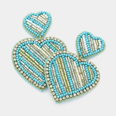 Fashnzfab Felt Back Beaded Double Heart Link Dangle Earrings In Blue