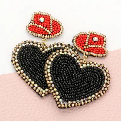 Fashnzfab Felt Back Beaded Hat Heart Link Dangle Earrings In Black