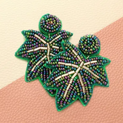 Fashnzfab Felt Back Beaded Maple Leaf Dangle Earrings - Green