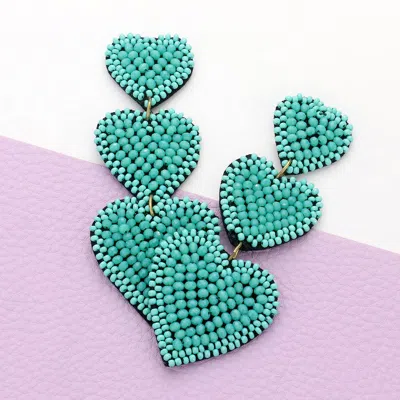 Fashnzfab Felt Back Beaded Triple Heart Link Dangle Earrings In Blue