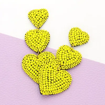 Fashnzfab Felt Back Beaded Triple Heart Link Dangle Earrings In Yellow