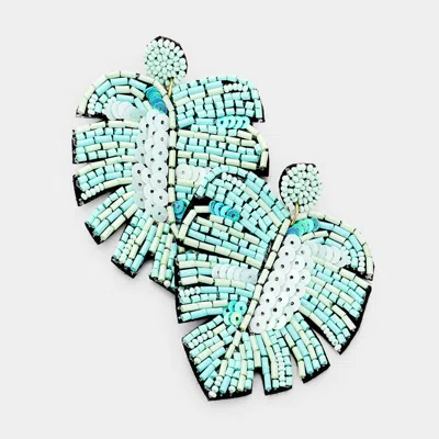 Fashnzfab Felt Back Beaded Tropical Leaf Dangle Earrings In Blue