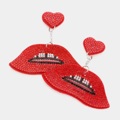 Fashnzfab Felt Back Bling Heart Lips Link Dangle Earrings - Red