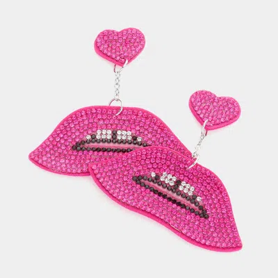Fashnzfab Felt Back Bling Heart Lips Link Dangle Earrings In Pink