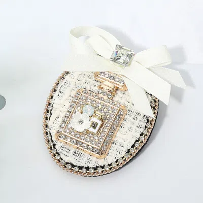 Fashnzfab Felt Back Bow Accent Floral Rhinestone Embellished Perfume Bottle Tweed Oval Frame Pin Brooch In Gold