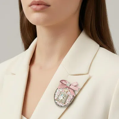 Fashnzfab Felt Back Bow Accent Floral Rhinestone Embellished Perfume Bottle Tweed Oval Frame Pin Brooch In Pink