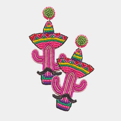 Fashnzfab Felt Back Cord Seed Beaded Cactus Dangle Earrings In Pink