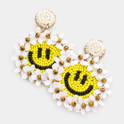 Fashnzfab Felt Back Floral Seed Beaded Smile Dangle Earrings - Ivory In Multi