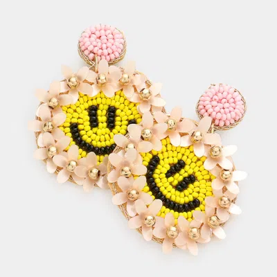 Fashnzfab Felt Back Floral Seed Beaded Smile Dangle Earrings In Pink