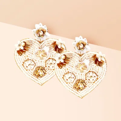 Fashnzfab Felt Back Flower Pointed Seed Beaded Heart Dangle Earrings In Gold