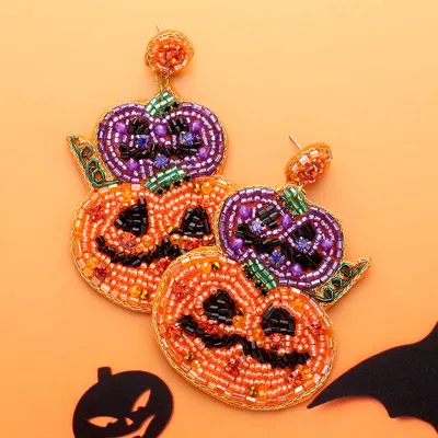 Fashnzfab Felt Back Halloween Pumpkin Beaded Dangle Earrings In Multi