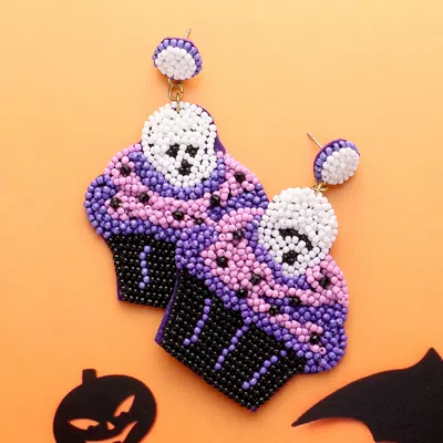 Fashnzfab Felt Back Halloween Theme Skull Cupcake Beaded Dangle Earrings In Multi