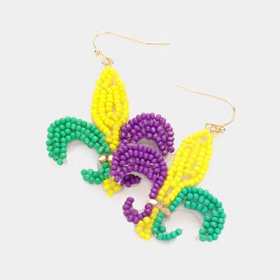 Fashnzfab Felt Back Mardi Gras Seed Beaded Fleur De Lis Dangle Earrings In Multi