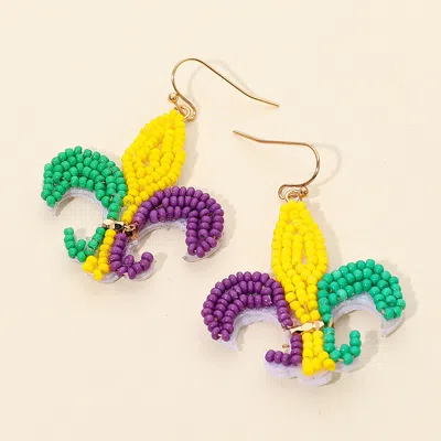 Fashnzfab Felt Back Mardi Gras Seed Beaded Fleur De Lis Dangle Earrings In Multi