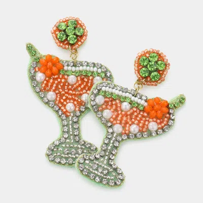 Fashnzfab Felt Back Martini Rhinestone Pearl Beads Dangle Earrings - Orange In Green