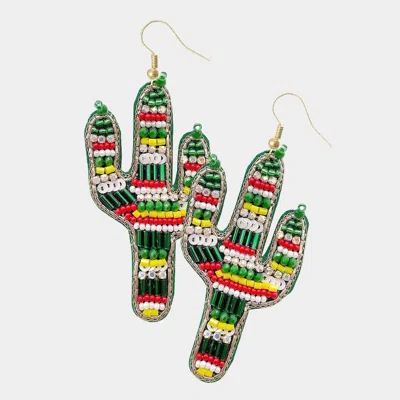 Fashnzfab Felt Back Multi Beaded Cactus Dangle Earrings