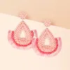 Fashnzfab Felt Back Multi Beaded Teardrop Thread Fringe Dangle Earrings In Pink