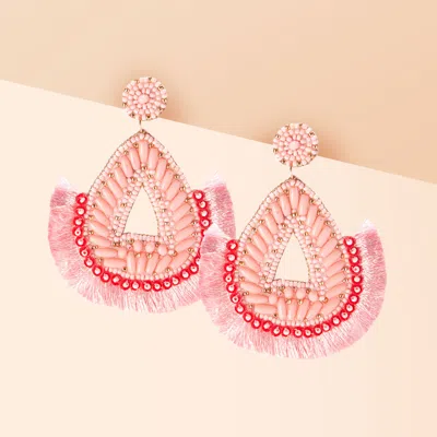 Fashnzfab Felt Back Multi Beaded Teardrop Thread Fringe Dangle Earrings In Pink
