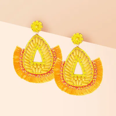 Fashnzfab Felt Back Multi Beaded Teardrop Thread Fringe Dangle Earrings In Yellow